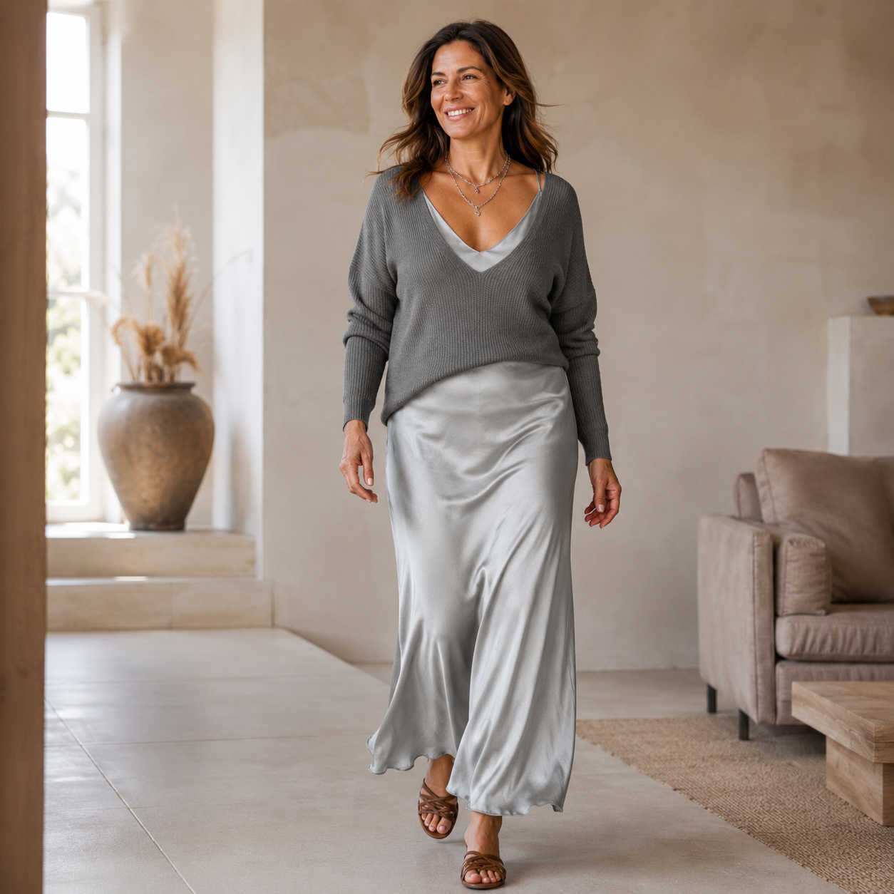 Elena - Midi Satin Jurk met Inclusief Trui
