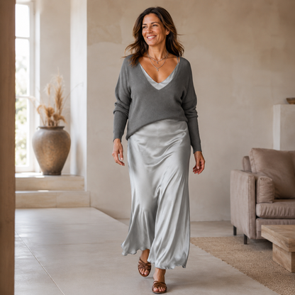Elena - Midi Satin Jurk met Inclusief Trui