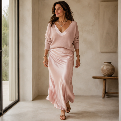 Elena - Midi Satin Jurk met Inclusief Trui